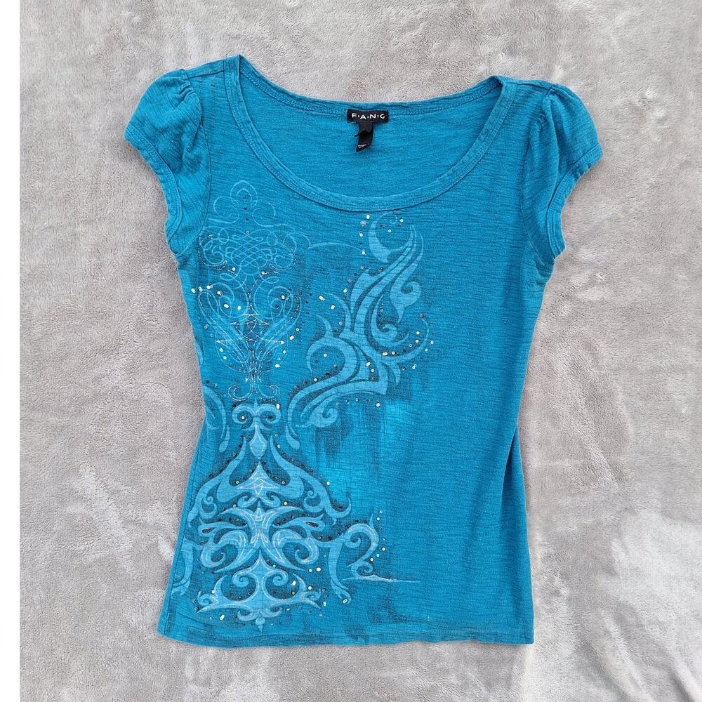 Fang Y2K vintage cap sleeve aqua blue babydoll tee sequined sparkle design